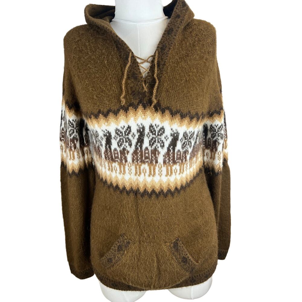 Andean Llama Wool Hooded Sweater M L Brown Peruvian Lace Up Artisan Pullover